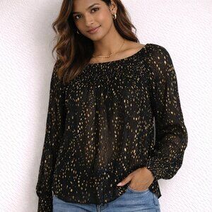 Sundance Black and Metallic Gold Print Long-Sleeve Blouse - Size Small